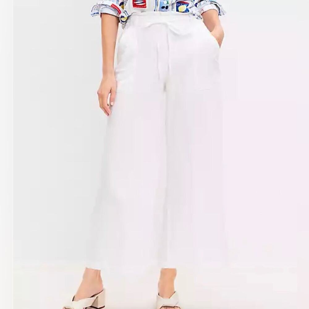 Loft Paper Bag Waist Cotton Linen Ankle Straight Leg White Pants Women’s Size S - Picture 1 of 12